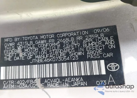 2007 Toyota Camry Ce z USA, uszkodzony, nr VIN JTNBE46K073054123